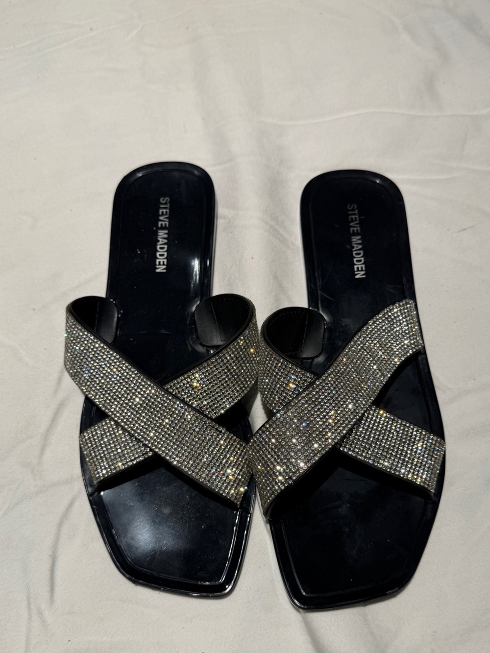 Steve Madden Black Slide Sandals with Crystal Cross Straps